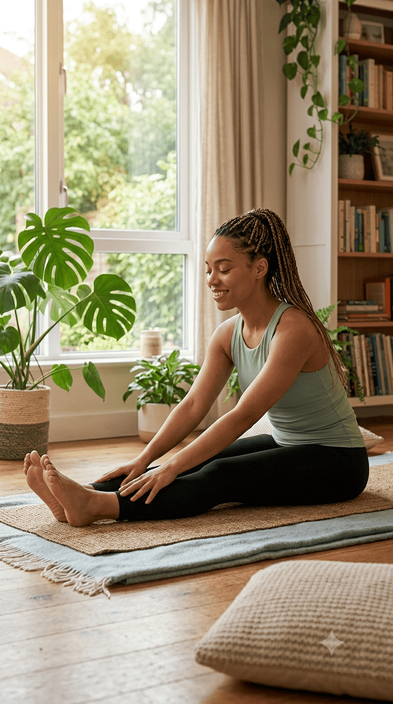 Woman resting in a gentle seated stretch at home